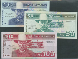 Namibia, Bank of Namibia, 3 St., 10, 50 und 100 Dollars o.D. ...