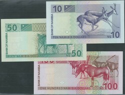 Namibia, Bank of Namibia, 3 St., 10, 50 und 100 Dollars o.D. ...