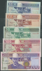 Namibia, Bank of Namibia, 1996-2001, 5 St.: 10, 20, 50, 100 und ...