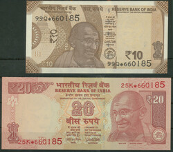 Indien, Reserve Bank, Lot 5x 10 Rupien 2018 und 5x 20 Rupien 2017, ...