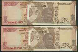 Indien, Reserve Bank, Lot 5x 10 Rupien 2018 und 5x 20 Rupien 2017, ...