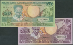 Suriname, Set 4 St.: 25 Gulden 9.1.1988; 100 Gulden 1.7.1986; 250 und ...