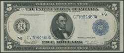 USA, Federal Reserve, 5 Dollars 1914, blauer Siegel, 7-G (Chicago) ...