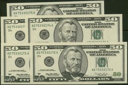 USA, Federal Reserve, 5x 50 Dollars 1996 D - Cleveland, Porträt von ...