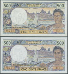 Tahiti 2x500 Francs 1985 (ND) Papeete. Ser. D4 und S3. Pick 25d, ...