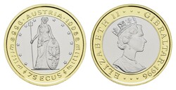 Gibraltar, 75 Ecus, Bimetall, 1996, Landesgöttin, 3,89g Gold und ...