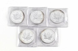 5x 5 Dollars, 2010, Maple Leaf, je 1 oz Silber, teils angelaufen und ...