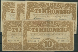 Dänemark, Lot 7 St: 5x 10 Kroner 1939 Prefix O und V ( Pick 31 f, p) ...