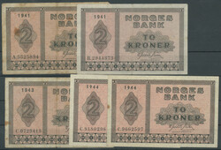 Norwegen, deutsche Besatzung II. WK, Set 5 St.: 2 Kroner 1941-1944, ...