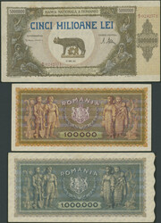 Rumänien, Nationalbank, Set 1947, 3 St.: 100 Tsd. Lei 27.1.1947 ...