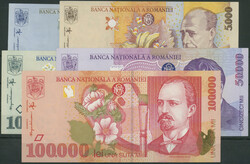 Rumänien, Nationalbank, Serie 1996-1998, Lot 5 St.: 1000 & 5000 Lei ...