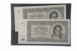 Tschechoslowakei, 2x1000 Kronen 1945, perforiert mit drei Löchern, ...