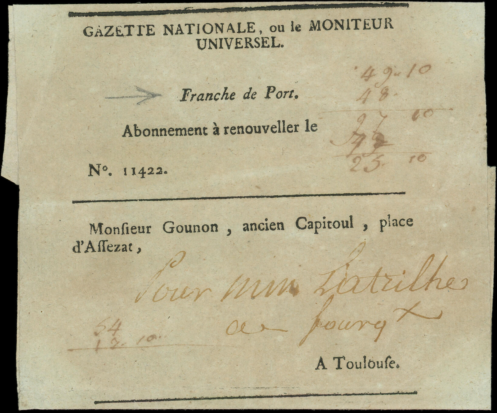Bande de Journal GAZETTE NATIONALE ou le MONITEUR UNIVERSEL "Franche ...
