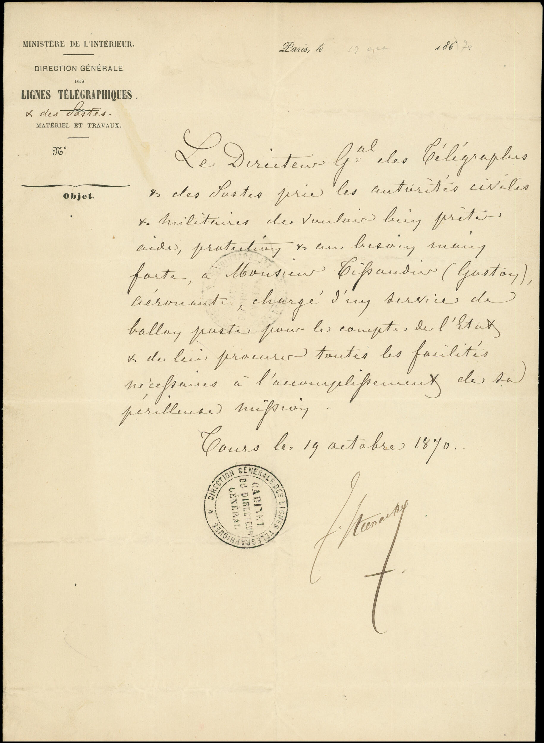 Guerre de 1870 Lettre manuscrite à entête Ministère de ...