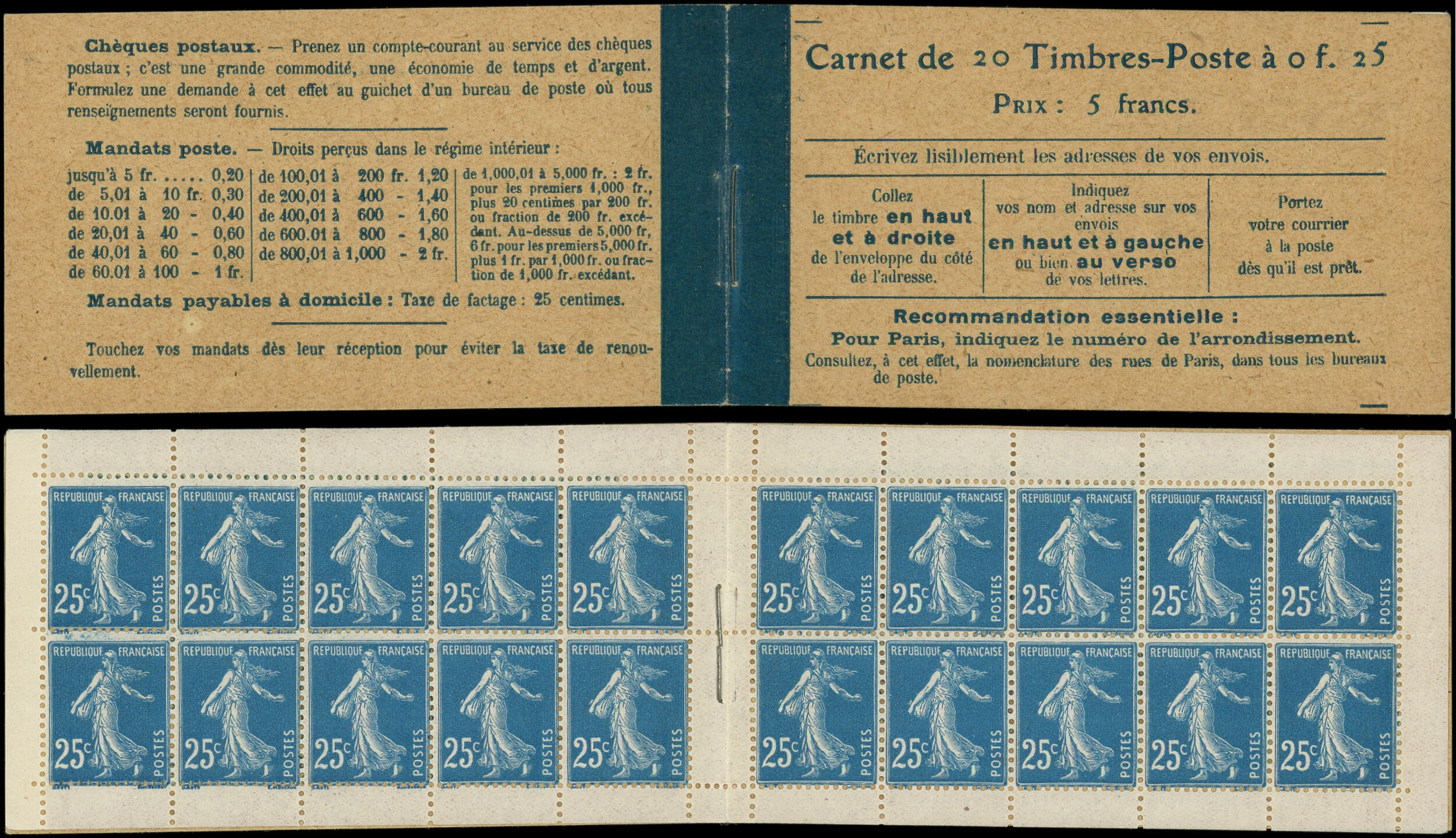 140-C1 Semeuse Camée, 25c. bleu, n°140c, T IV, couv. postale, TB