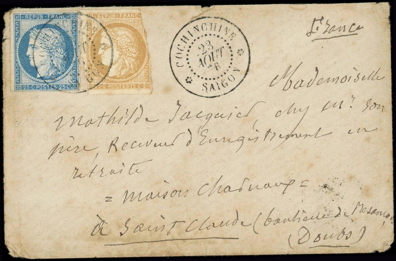 COCHINCHINE CG N°22 et 23 : 15c. bistre (défx) et 25c. bleu obl. ...