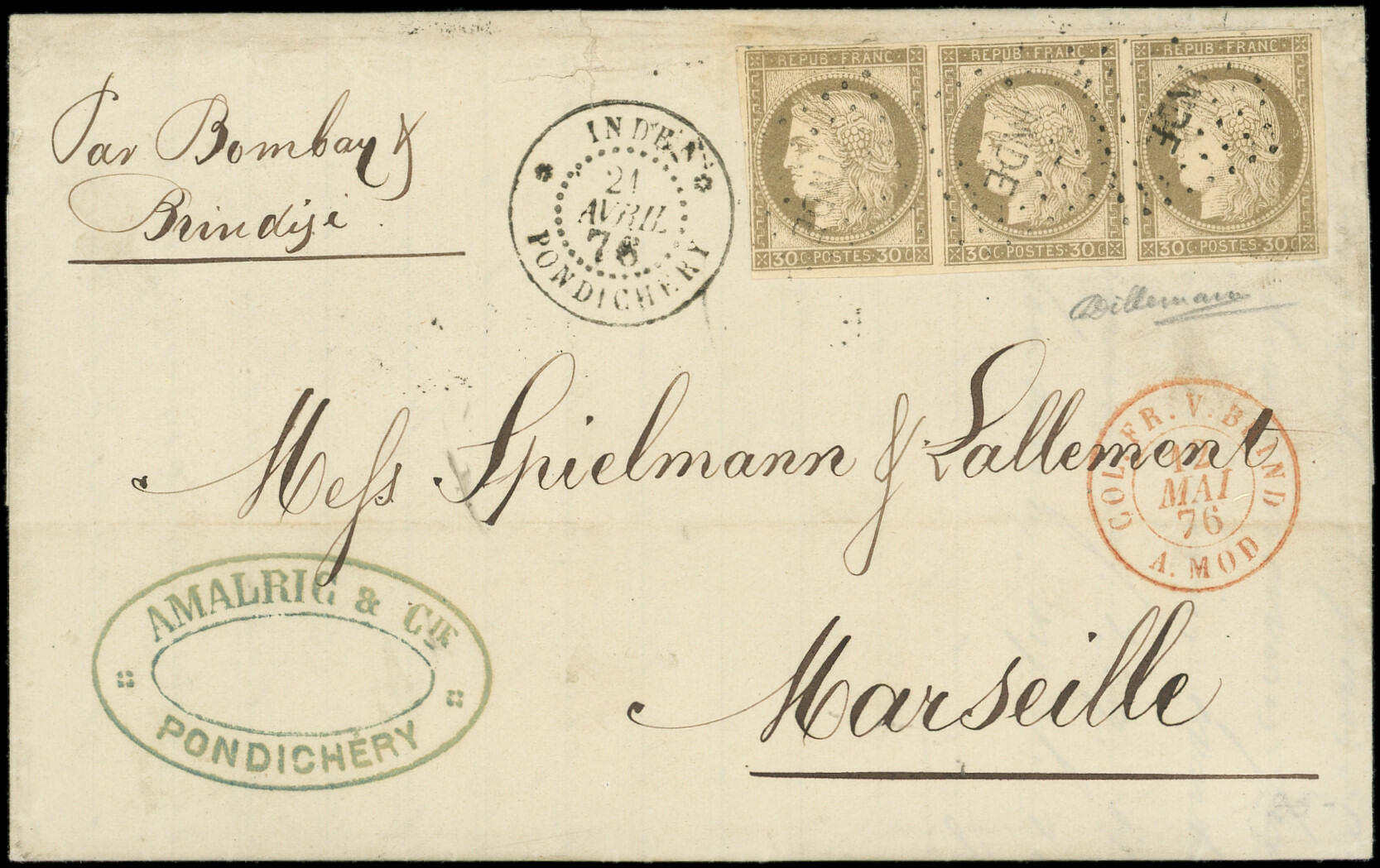 INDE CG N°20 : 30c. brun, BANDE de 3 obl. Los. INDE s. LAC, càd ...
