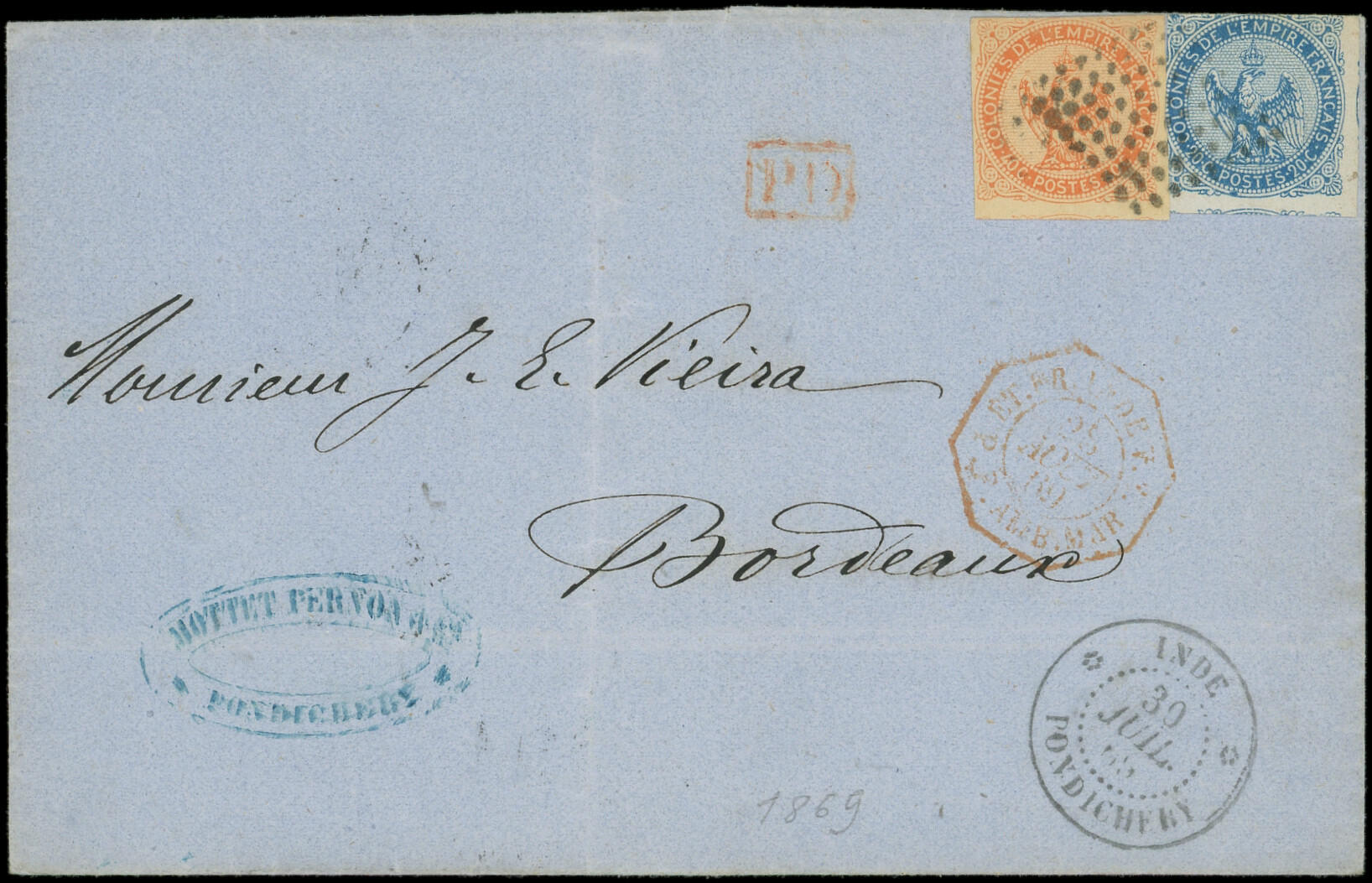 INDE CG N°4 et 5 : 20c. et 40c. obl. Losange s. LSC, càd PONDICHERY ...