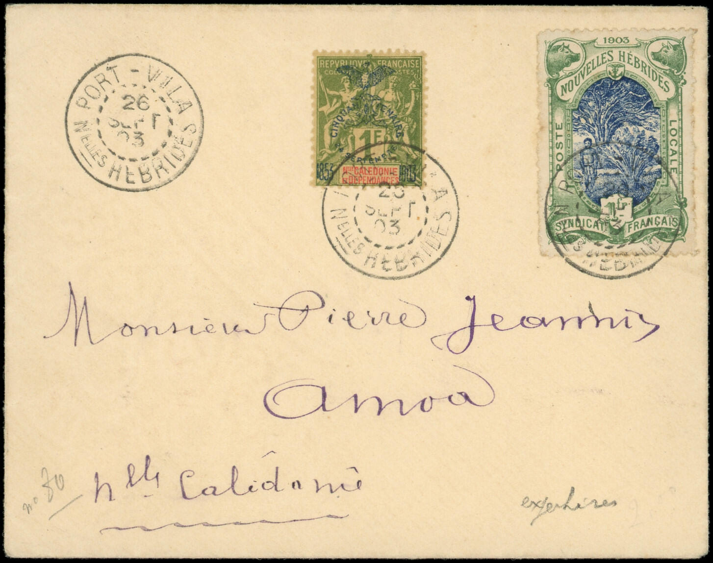 NOUVELLES HEBRIDES Postes Locales 6 : 1f. vert et bleu et Nelle ...