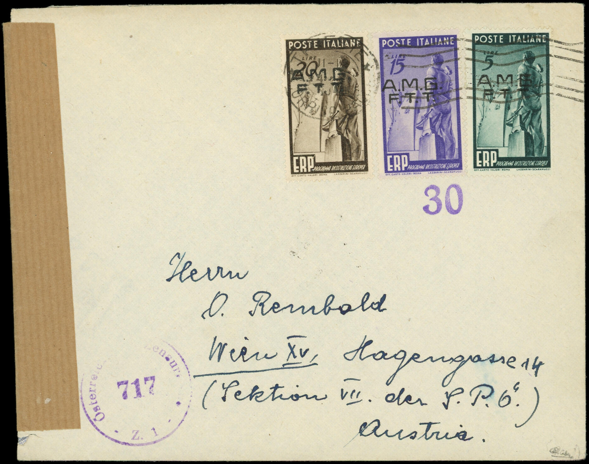 TRIESTE ZONE A 39/41 obl. sur Env. avec cachet de censure des alliés ...