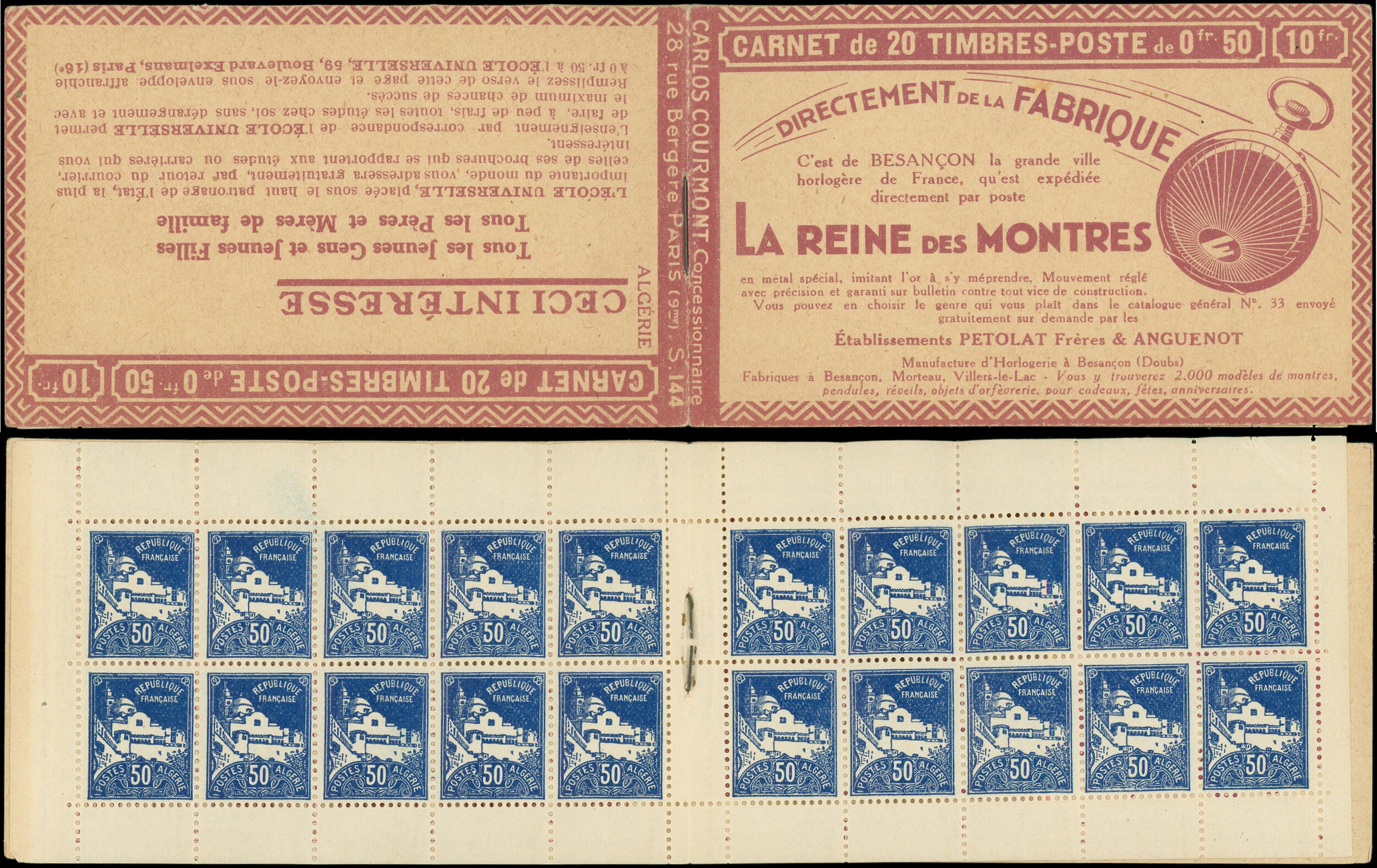 ALGERIE C47-1 : 50c. bleu, S. 144 ALGERIE, REINE DES MONTRES, pli de ...