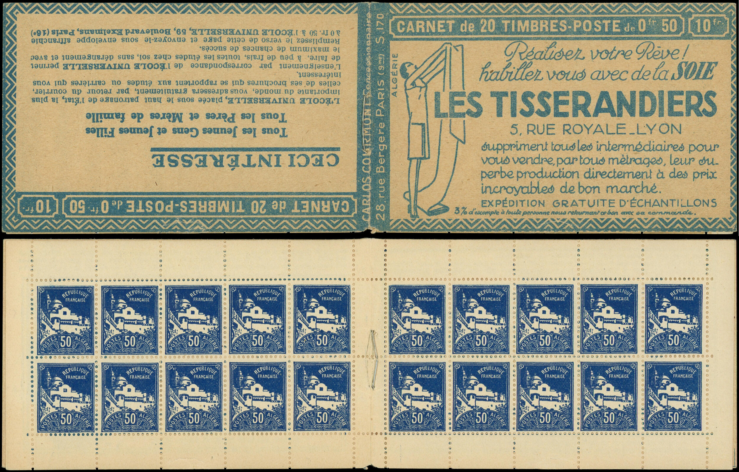 ALGERIE C47-2 : 50c. bleu, S. 170, LES TISSERANDIERS, C4 défse sinon ...