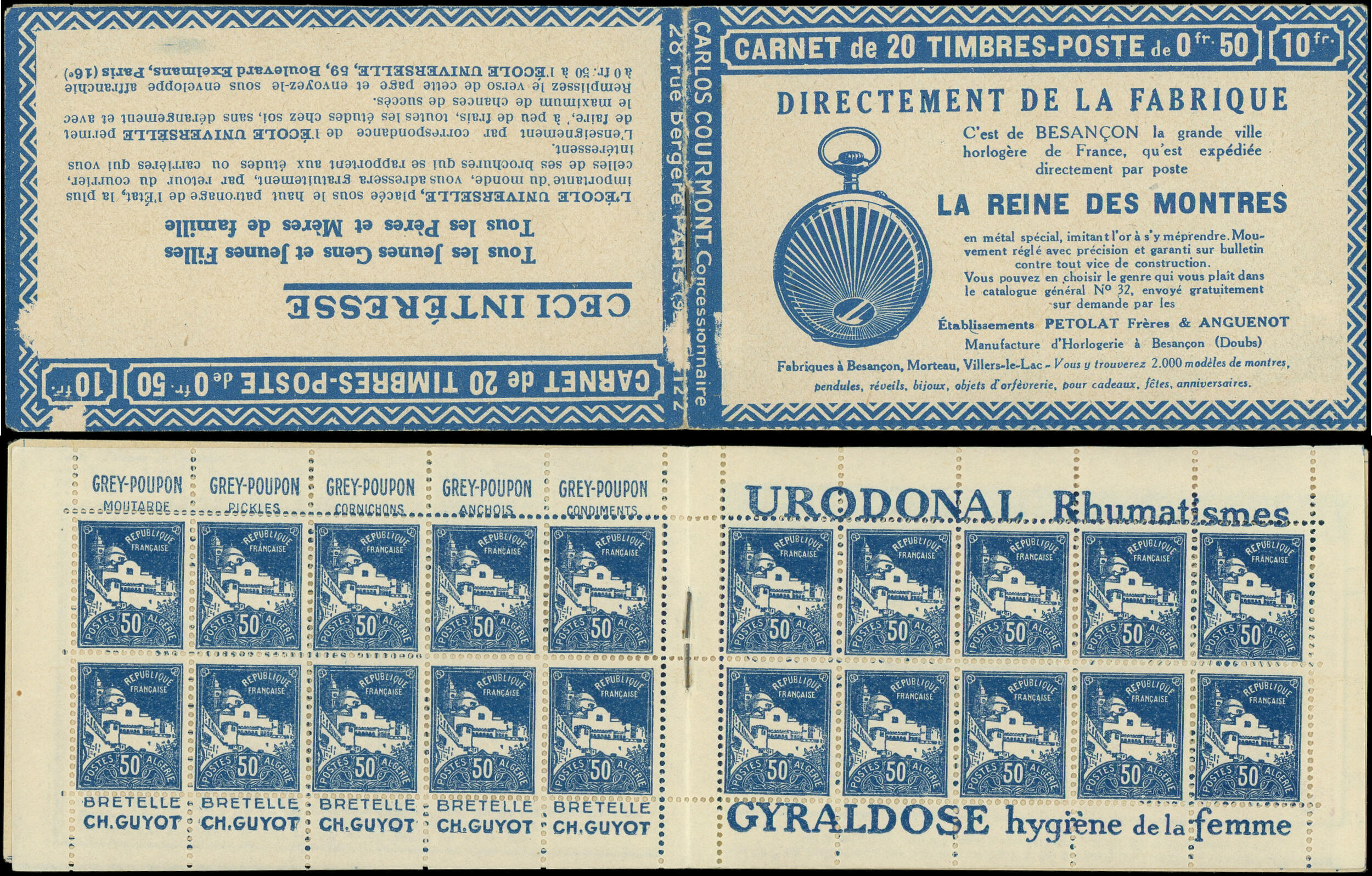 ALGERIE C47-8 : 50c. bleu, S. 112, REINE DES MONTRES, 2 ex. adh. ...