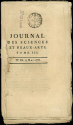 JOURNAL des Sciences et Beaux-Arts du 15/5/1778 avec marque ornée ...