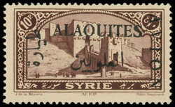 ALAOUITES PA 8 : 10p. brun-lilas, surcharges noires, AVION à droite, ...