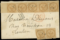 COCHINCHINE CG N°3 Aigle, 10c. brun, BANDE de 5 bdf et PAIRE obl. ...