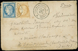 COCHINCHINE CG N°22 et 23 : 15c. bistre (défx) et 25c. bleu obl. ...