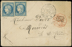 COCHINCHINE CG N°23 : 25c. bleu (2) obl. Los. CCH s. Env., càd ...