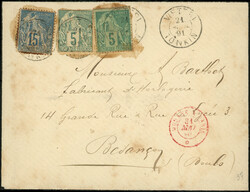 COCHINCHINE CG N°49 : 5c. vert (2 dont 1 entier découpé) et N°51 ...