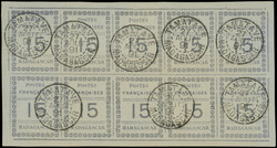 MADAGASCAR 10 : 15c. bleu sur gris, BLOC de 10 avec bords, obl. ...