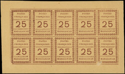 MADAGASCAR 11a : 25c. brun sur chamois, FEUILLET de 10, 1 t. aminci, ...