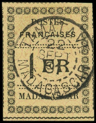 MADAGASCAR 12 : 1f. noir sur jaune, oblitéré TAMATAVE 22/9/91, TB. ...