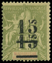 MADAGASCAR 50b : 15 sur 1f. olive, DOUBLE surcharge, TB (Catalog ...