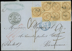 MARTINIQUE CG N°3 10c. bistre, 3 PAIRES et une unité (3 ex. défx.) ...