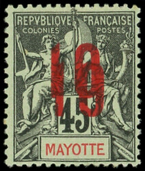 MAYOTTE 28a : 10 sur 45c. noir sur vert, DOUBLE surcharge, TB ...