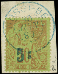 NOSSI-BE 3 : 5c. sur 20c. brique sur vert, surch. bleu pâle, obl. s. ...