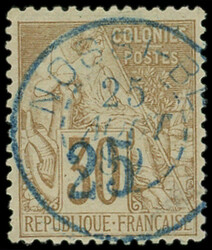 NOSSI-BE 5 : 25 sur 30c. brun, surch. bleu pâle, obl. càd central, ...