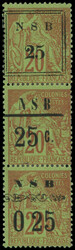 NOSSI-BE 12b : 25 sur 20c. brique sur vert, BANDE des 3 TYPES se ...