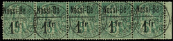 NOSSI-BE 22 : 1f. sur 5c. vert, BANDE de 5 bdf, obl. 5/3/93, TB ...