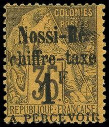 NOSSI-BE Taxe 6 : 1f. sur 35c. violet-noir sur jaune-orange, TB. Br ...