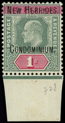 NOUVELLES HEBRIDES 11 : 1s. vert et rose, filigrane CA simple, bdf, ...