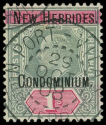 NOUVELLES HEBRIDES 11 : 1s. vert et rose, obl. càd central PORT-VILA ...