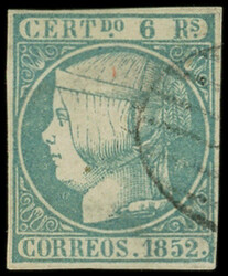 ESPAGNE 16 : 6r. bleu-vert de 1852, obl., TB, certif. Comex (Catalog ...