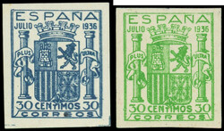 ESPAGNE 564B/65B : Armoiries NON DENTELES, TB (Catalog value 650,-)