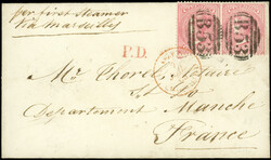 ILE MAURICE 34 : 4p. rose, PAIRE obl. B53 s. Env. "per first steamer ...