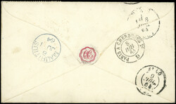 ILE MAURICE 34 : 4p. rose, PAIRE obl. B53 s. Env. "per first steamer ...